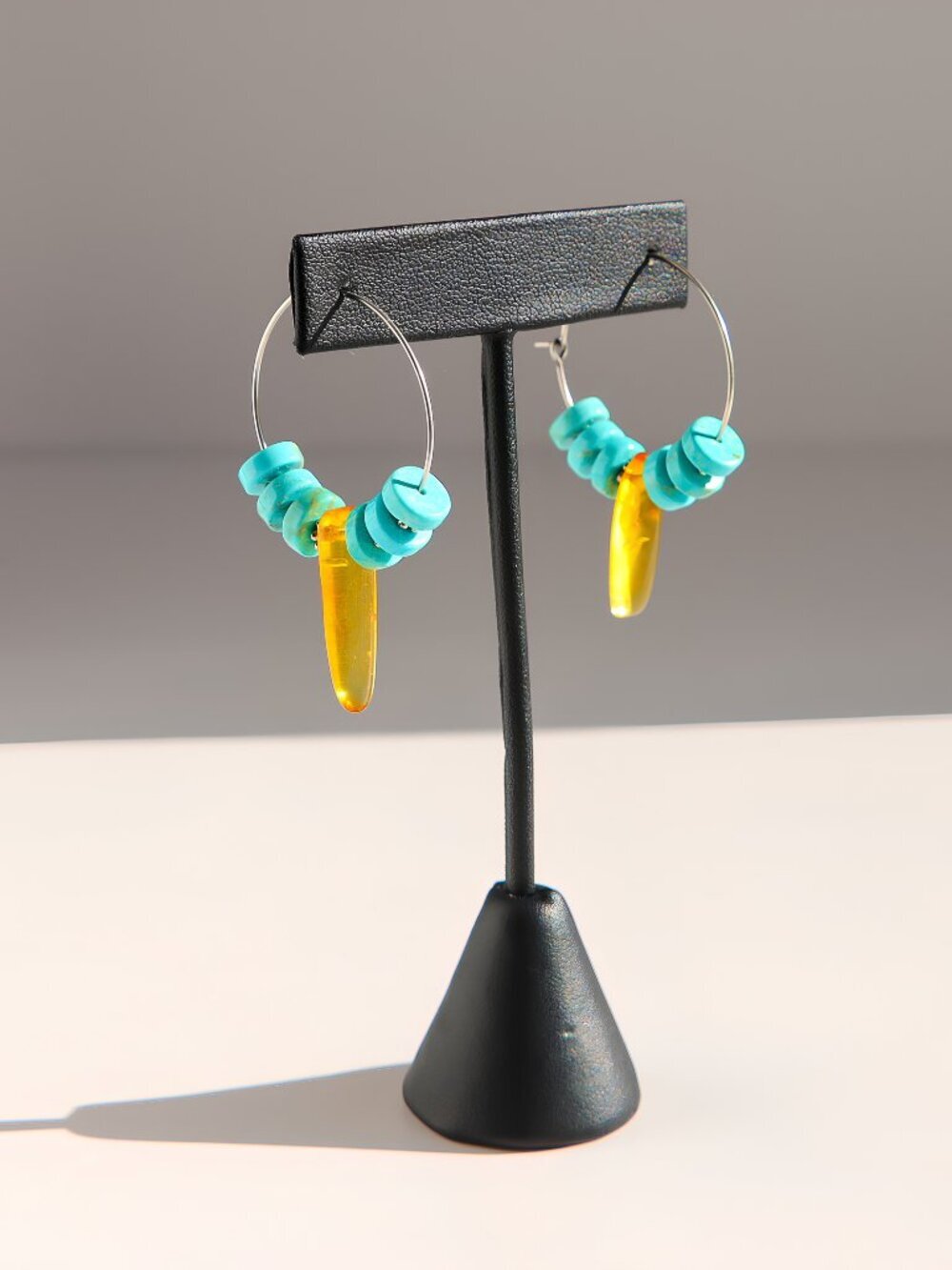 Turquoise Hoop Earrings with Baltic Amber - Picture 4 of 5